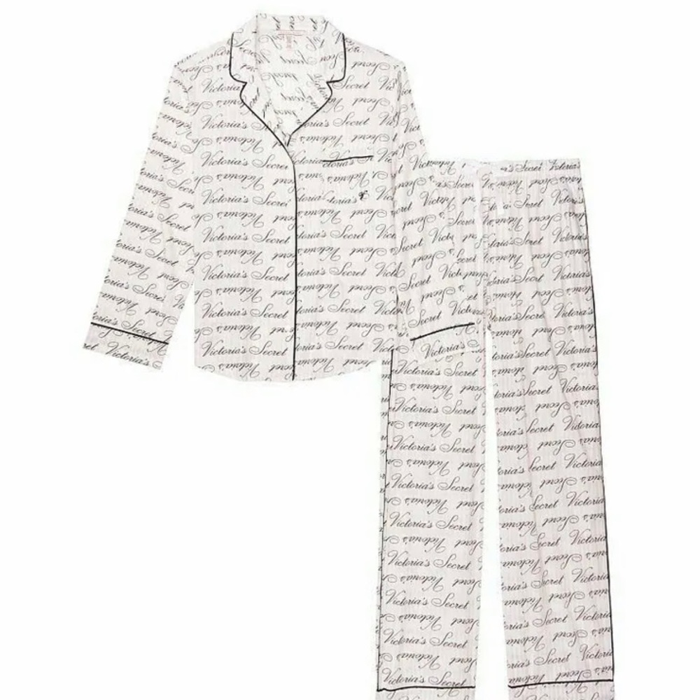 VICTORIA'S SECRET COTTON LONG PAJAMA SET SHIRT & PANTS PINK BLACK WHITE SZ L